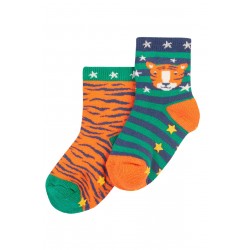 Socks - Warm - Frugi - 2pc - Grippy Terry socks - TIGER - green and orange -   0-6m, 6-12m, UK 3-6 (1-2y) , UK 6-8 (2-4y)  