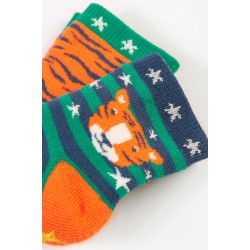 Socks - Warm - Frugi - 2pc - Grippy Terry socks - TIGER - green and orange -   0-6m, 6-12m, UK 3-6 (1-2y) , UK 6-8 (2-4y)  