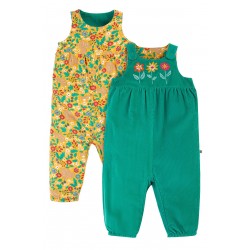 Trousers - Dungarees Playsuit Cords Romper - Frugi - Lacey - REVERSIBLE - Iguana green and yellow flowers