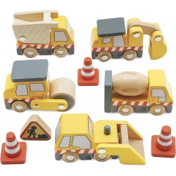 Toys - VEHICLES - CONSTRUCTION - Wooden Lifting Crane, Scoop, Roller, Digger, Tip-up Truck and Cones 