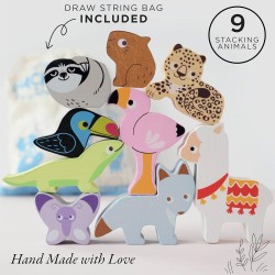 Toys - Wooden - Andes - Stacking Animals in a bag -  llama, sloth, flamingo, lizard, toucan, butterfly  ... 18m plus