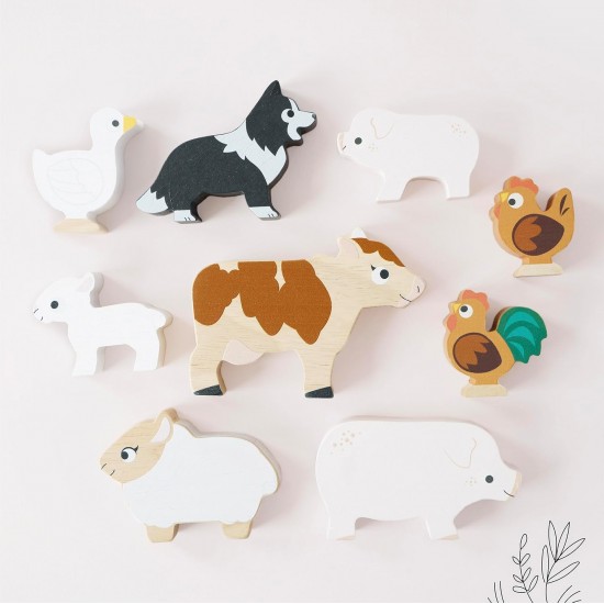 Toys - Wooden - FARM - Stacking Animals in a bag - farmyard favourites, pig, piglet, cow, hen, chicken, sheep, lamb, dog, and a duck. 18m plus