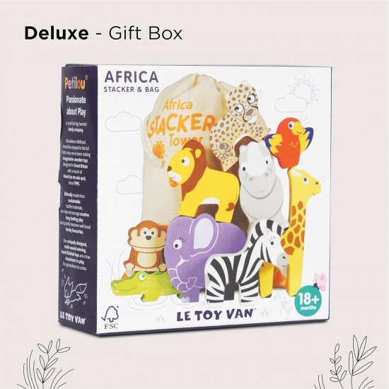 Toys - Wooden - AFRICA - Stacking Animals in a bag - a giraffe, lion, elephant, zebra, monkey, rhino, cheetah, crocodile, and even a parakeet parrot.  ... 18m plus