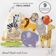 Toys - Wooden - AFRICA - Stacking Animals in a bag - a giraffe, lion, elephant, zebra, monkey, rhino, cheetah, crocodile, and even a parakeet parrot.  ... 18m plus